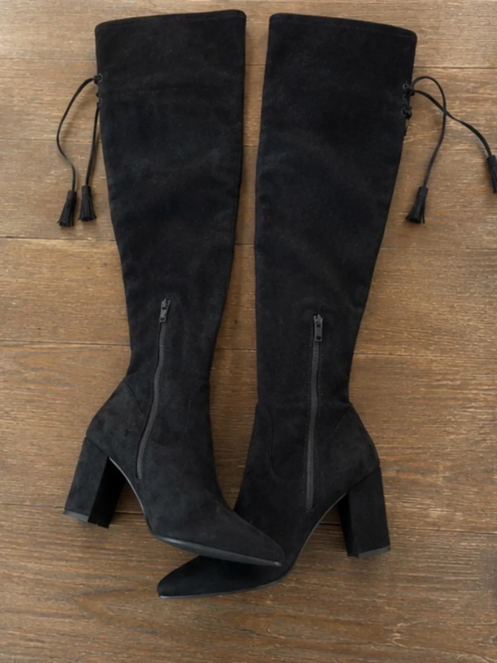 Women's Black Suede Knee-High Heeled Boots